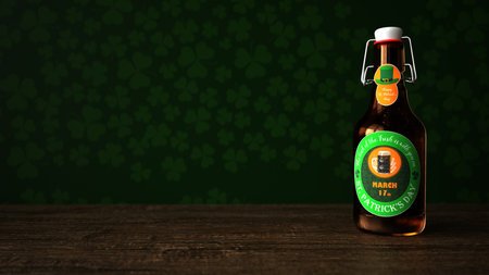 St. Patrick's Day beer bottle on the green table. 3d illustration.の写真素材