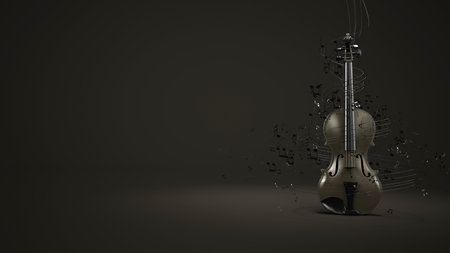 A violin with flying sheet music. 3d illustration.の写真素材