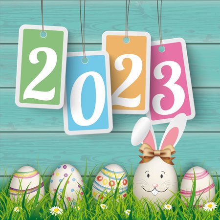 Price stickers 2023 on the wooden background with easter eggs in the grass.  Eps 10 vector file.のイラスト素材