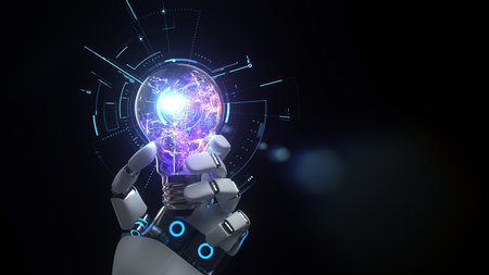 Humanoid robot hand with a colorful bulb. 3d illustration.の写真素材