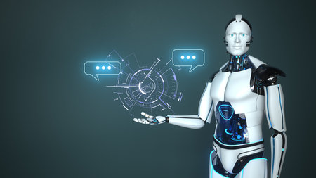 Humanoid robot with the speech bubbles and HUD Display. 3d illustration.の写真素材