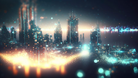 Networked city at the sunset. Generative AIの素材