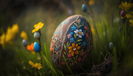 Colored ukrainian easter egg in the meadow. Generative AIの素材
