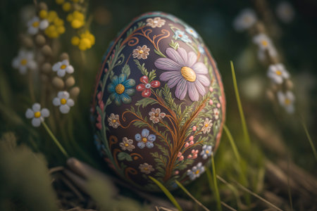 Latvian easter egg in the meadow. Generative AI.の素材