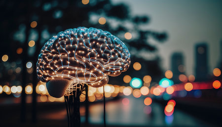 A digital brain with the city in the background. Generative AIの素材