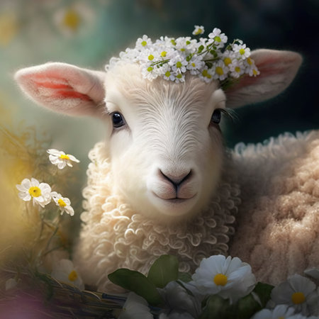 A lamb in the flower meadow in spring. Generative AIの素材
