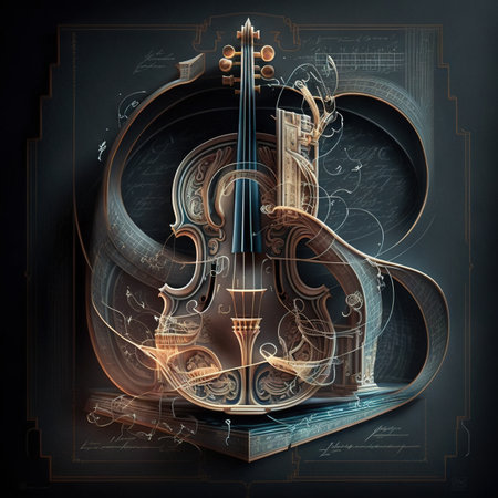 An abstract blueprint of violin with sheet music. Generative AI illustration.の素材