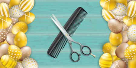 Easter eggs with the hairdresser tools on the wooden background.  Eps 10 vector file.のイラスト素材