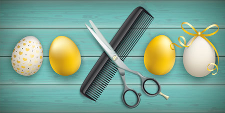 Easter eggs with the hairdresser tools on the wooden background.  Eps 10 vector file.のイラスト素材