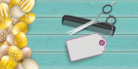 Easter eggs with hairdresser tools on the wooden background.  Eps 10 vector file.のイラスト素材