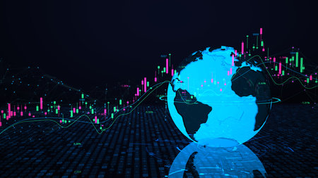 A digital candlestick chart with earth on the dark background. 3d illustration.の写真素材