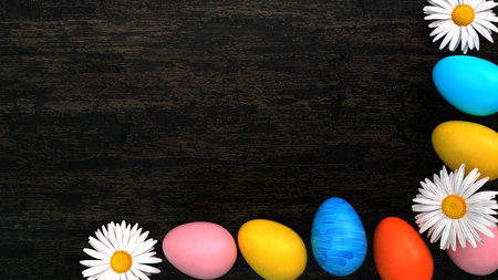 Colored Easter eggs with white daisy flowers on the black table. 3d illustration.の写真素材