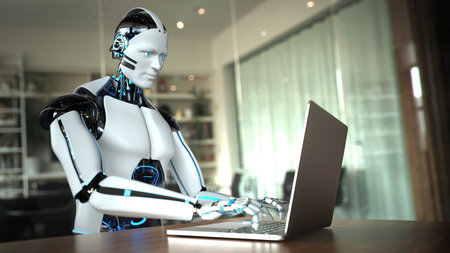 Humanoid robot typing on computer in office. 3d illustration.の写真素材