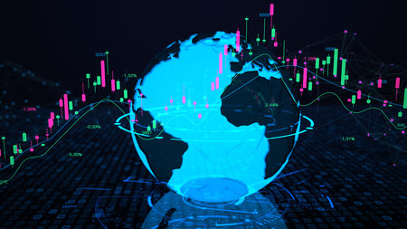 A digital candlestick chart with earth on the dark background. 3d illustration.の写真素材
