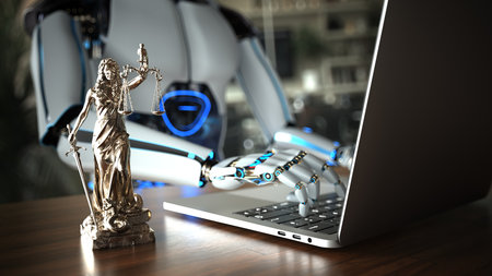 Humanoid robot works as a legal professional in a law firm. 3d illustration.の写真素材