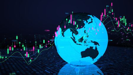 A digital candlestick chart with earth on the dark background. 3d illustration.の写真素材
