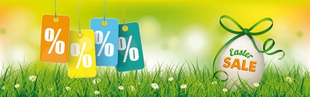A banner for the Easter sale with price stickers and an Easter egg. Eps 10 vector file.のイラスト素材