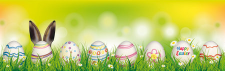 Easter banner with colored eggs in the meadow. Eps 10 vector file.のイラスト素材