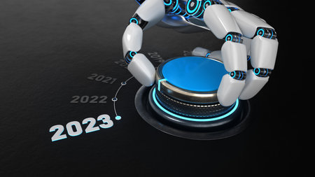 Robot turns the knob and switches to 2023. 3d illustration.の写真素材