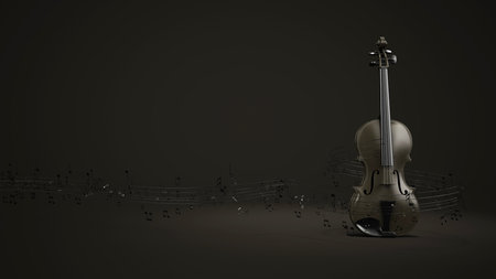 A violin with flying sheet music. 3d illustration.の写真素材