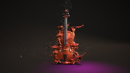 A violin with flying sheet music. 3d illustration.の写真素材