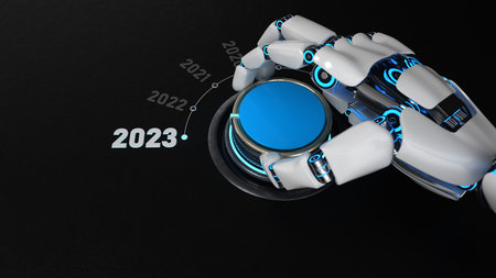 Robot turns the knob and switches to 2023. 3d illustration.の写真素材