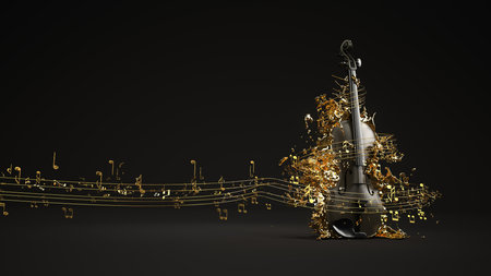 A violin with flying golden sheet music. 3d illustration.の写真素材