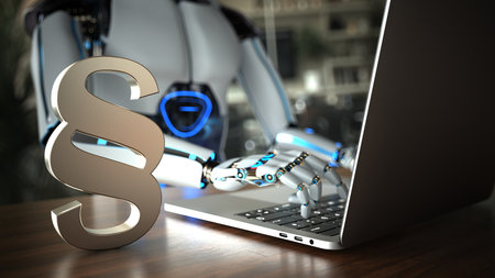 Humanoid robot works as an assistant in a law firm. 3d illustration.の写真素材