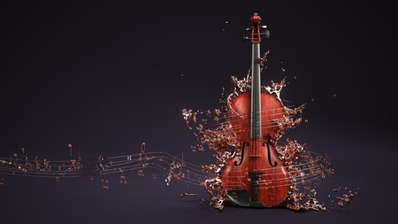 A violin with flying sheet music. 3d illustration.の写真素材