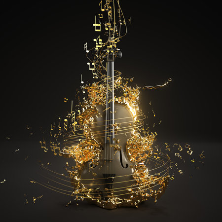 A violin with flying golden sheet music. 3d illustration.の写真素材