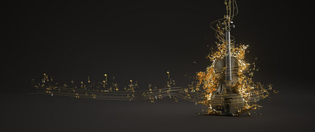 A violin with flying golden sheet music. 3d illustration.の写真素材