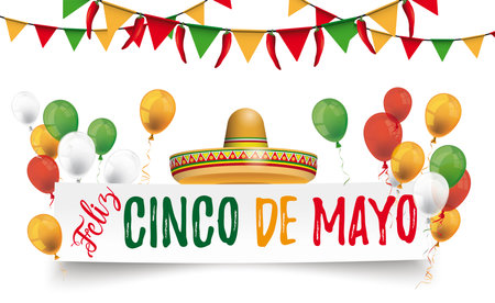 White paper banner with balloons, confetti and jesters cap. Eps 10 vector file.のイラスト素材