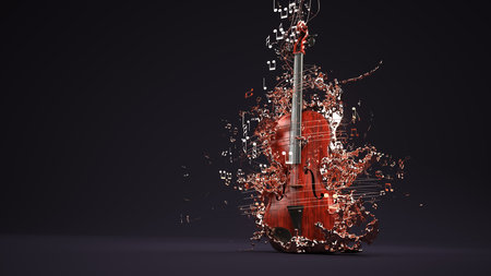 A violin with flying sheet music. 3d illustration.の写真素材