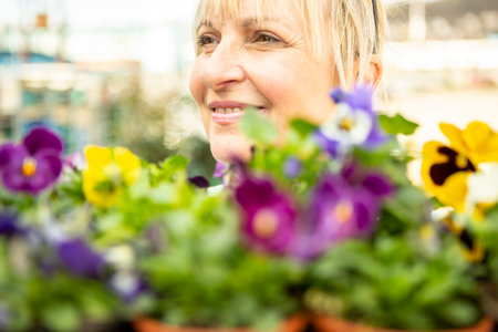 A mature woman gardener cares for the flowering plants in the nursery.の写真素材
