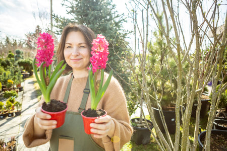 A mature woman gardener cares for the flowering plants in the nursery.の写真素材