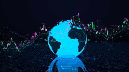 A digital candlestick chart with earth on the dark background. 3d illustration.の写真素材