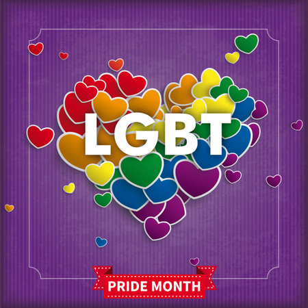 Vintage cover with ribbon, rainbow heart and the text LGBT pride month. Eps 10 vector file.のイラスト素材