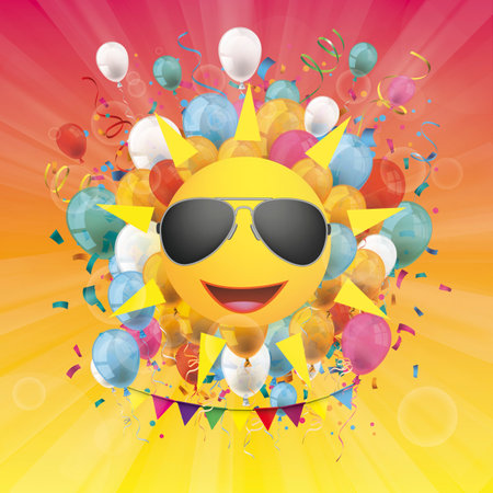 Cool sun with colored balloon in the orange sky.  Eps 10 vector file.のイラスト素材