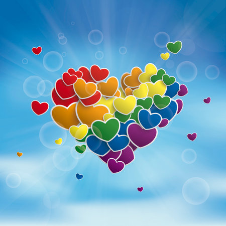 Flying rainbow colored hearts in the sky. Eps 10 vector file.のイラスト素材