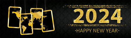 Happy new year 2024 banner with golden sand and price stickers with a world map.のイラスト素材