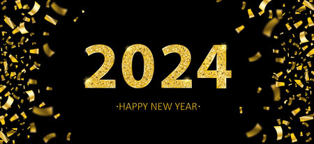 Golden confetti with the text 2024, happy new year, on the black background.Eps 10 vector file.のイラスト素材