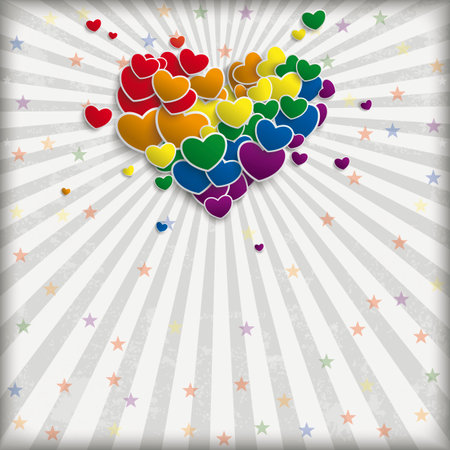 Retro flyer with a rainbow colored hearts on the vintage background.のイラスト素材