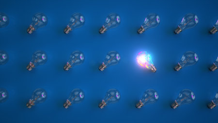 One out unique idea light bulb concept. 3d illustration.の写真素材