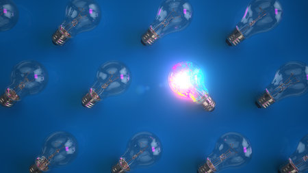 One out unique idea light bulb concept. 3d illustration.の写真素材