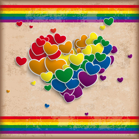 Vintage background design with brown colors and rainbow colored hearts.のイラスト素材