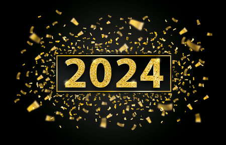 Golden paper with golden confetti and the text 2024 on the black. Eps 10 vector file.のイラスト素材