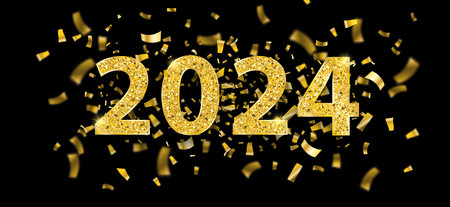 Golden confetti with the text 2024 on the black background.Eps 10 vector file.のイラスト素材