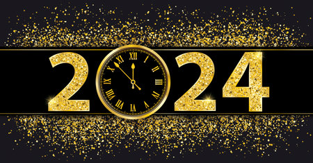 Black paper banner with golden sand, clock and text 2024.  Eps 10 vector file.のイラスト素材
