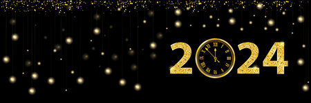 Black banner with golden clock and text 2024.  Eps 10 vector file.のイラスト素材