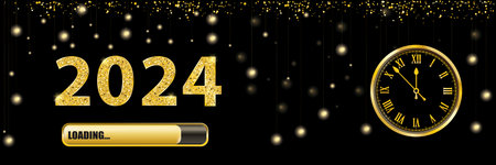 Black banner with golden clock and text 2024.  Eps 10 vector file.のイラスト素材